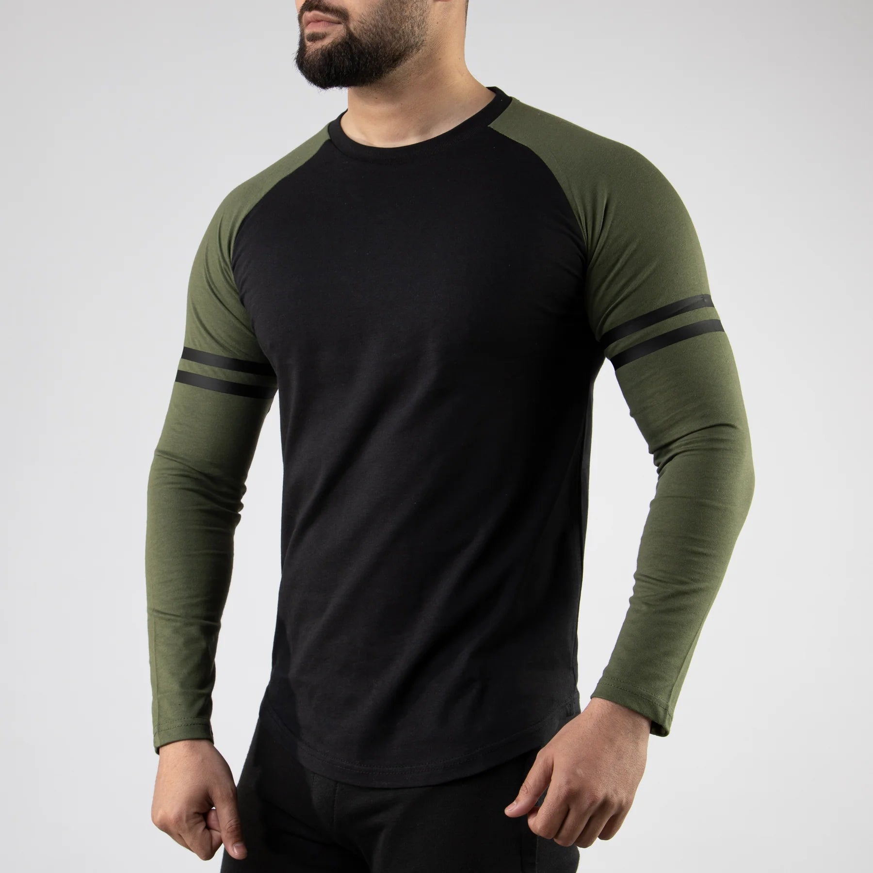 Striped Sleeves Black & Olive Baseball Raglan