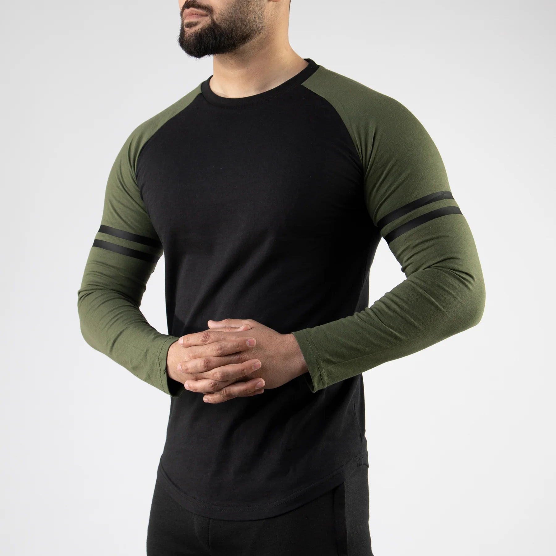 Striped Sleeves Black & Olive Baseball Raglan