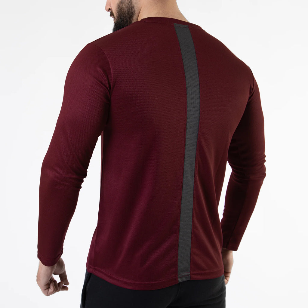 Maroon Mesh Full Sleeves T-Shirt with Back Gray Panel