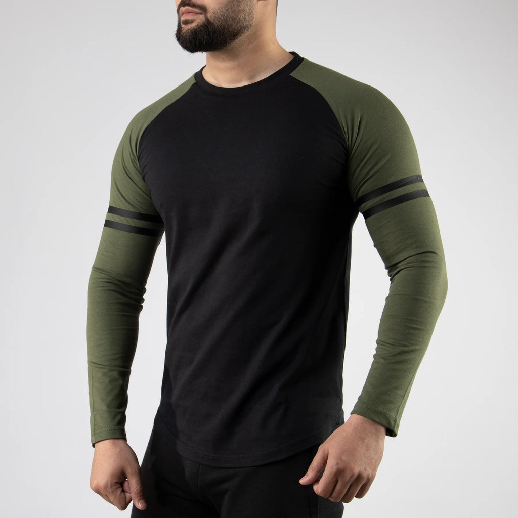 Striped Sleeves Black & Olive Baseball Raglan