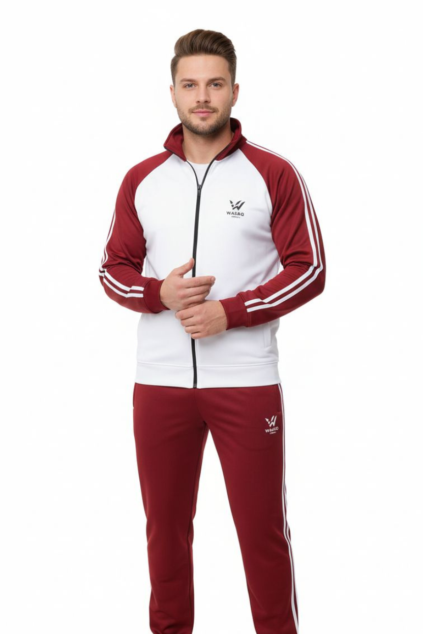 Wasao Premium Tracksuit Mehroon+white