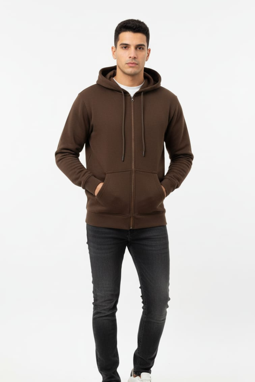 Brown Plain Zipper Hoodie
