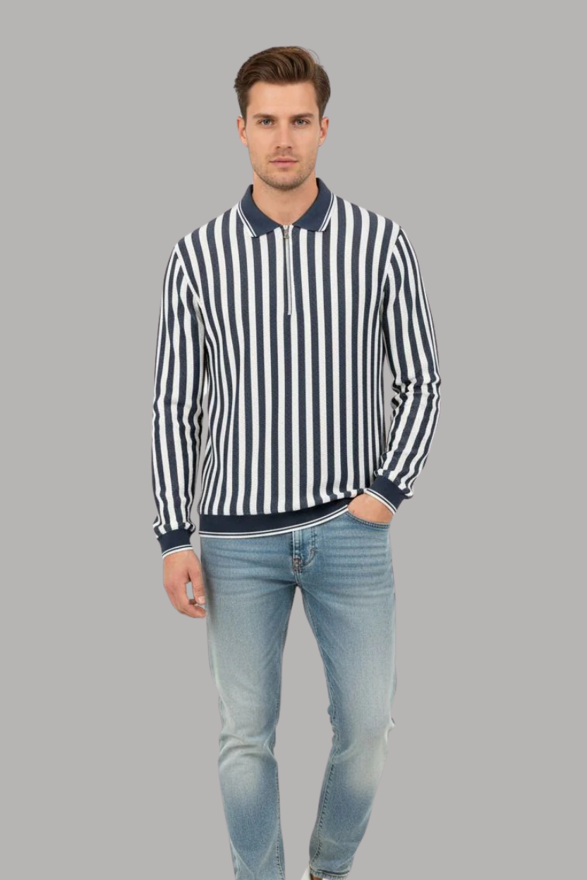 Old Money Full Sleeve Zipper Design  (Blue and White)