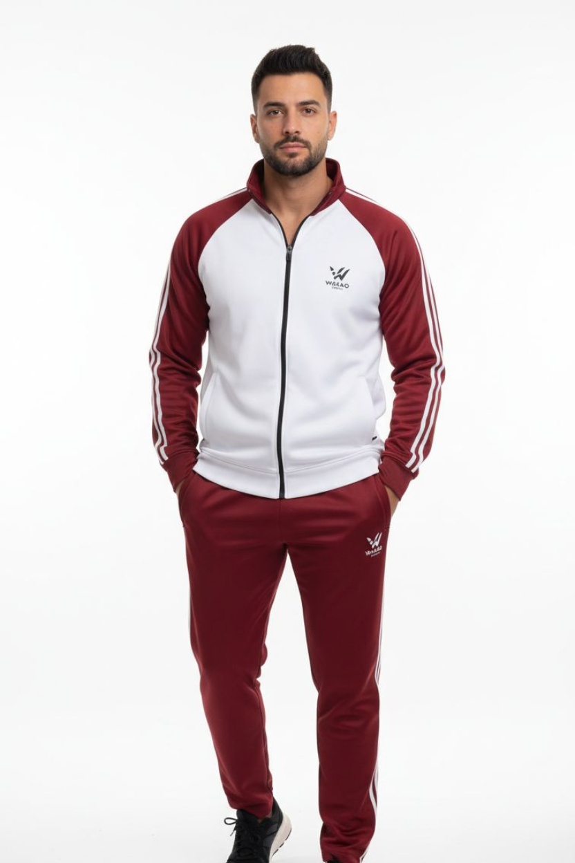 Wasao Premium Tracksuit Mehroon+white