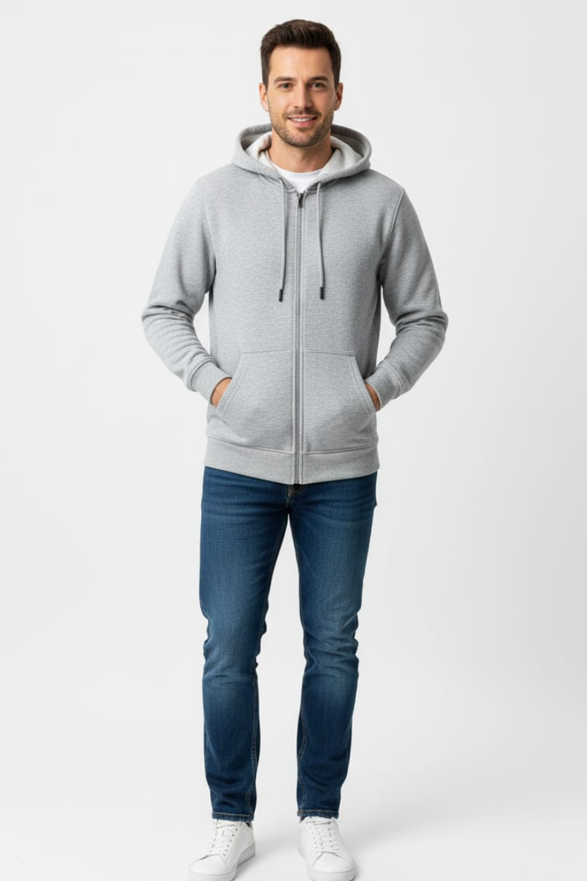 Gray Plain Zipper Hoodie