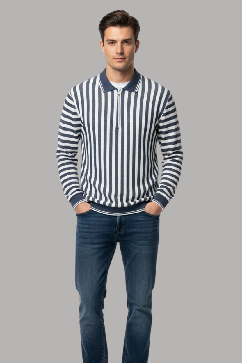 Old Money Full Sleeve Zipper Design  (Blue and White)