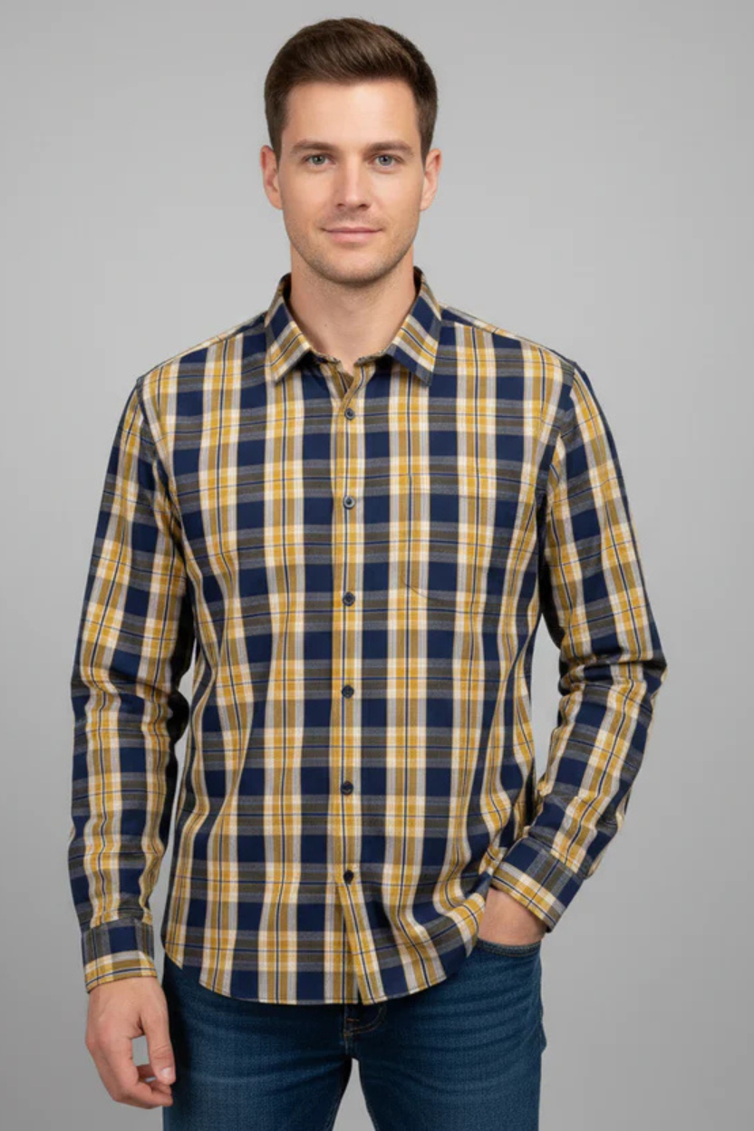 Navy & Mustard Check Button Down Casual Shirt