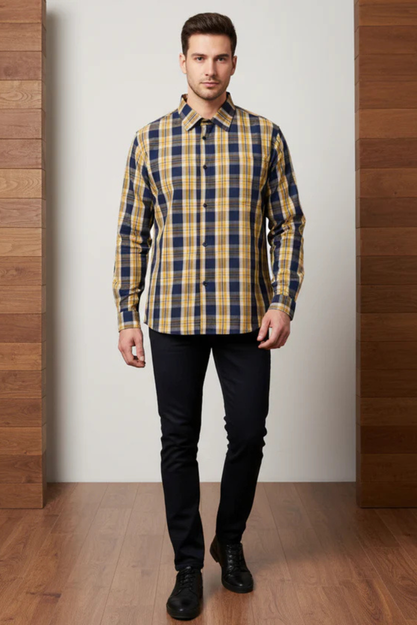 Navy & Mustard Check Button Down Casual Shirt