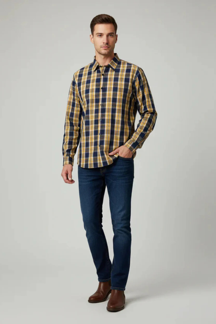 Navy & Mustard Check Button Down Casual Shirt