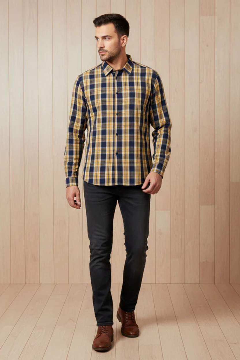 Navy & Mustard Check Button Down Casual Shirt