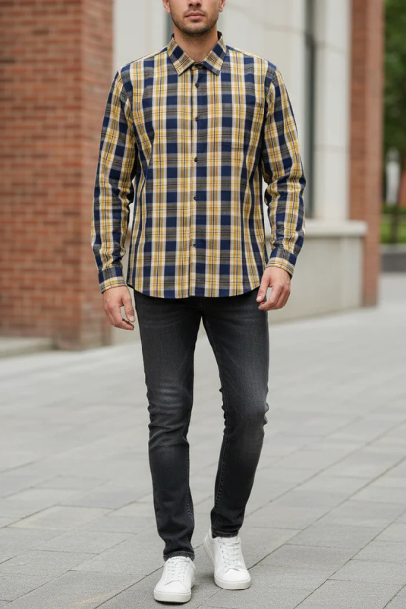 Navy & Mustard Check Button Down Casual Shirt