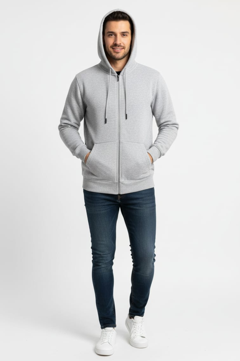 Gray Plain Zipper Hoodie