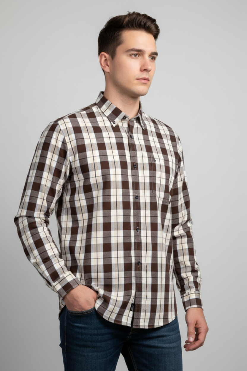 Brown & White Check Button Down Casual Shirt
