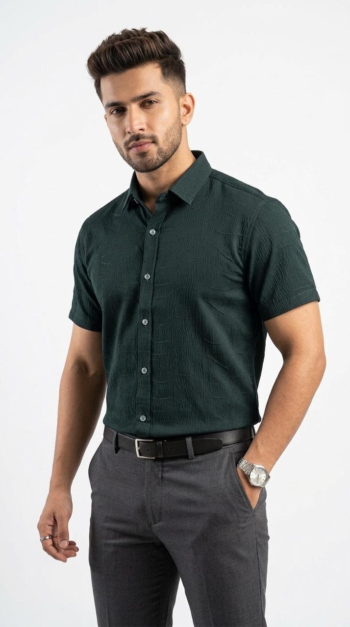 DARK GREEN PREMIUM TEXTURED CASUAL SHIRT