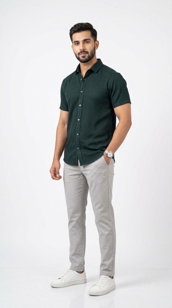 DARK GREEN PREMIUM TEXTURED CASUAL SHIRT