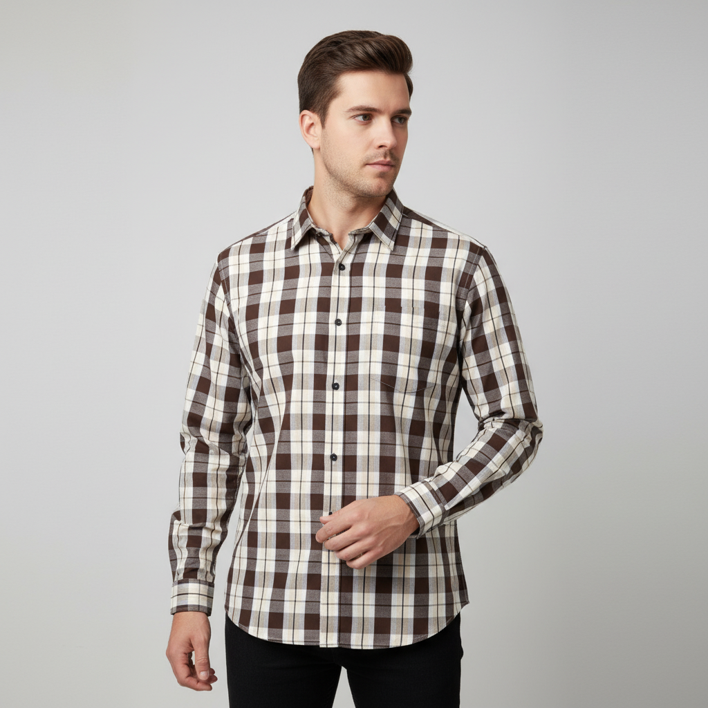 Brown & White Check Button Down Casual Shirt