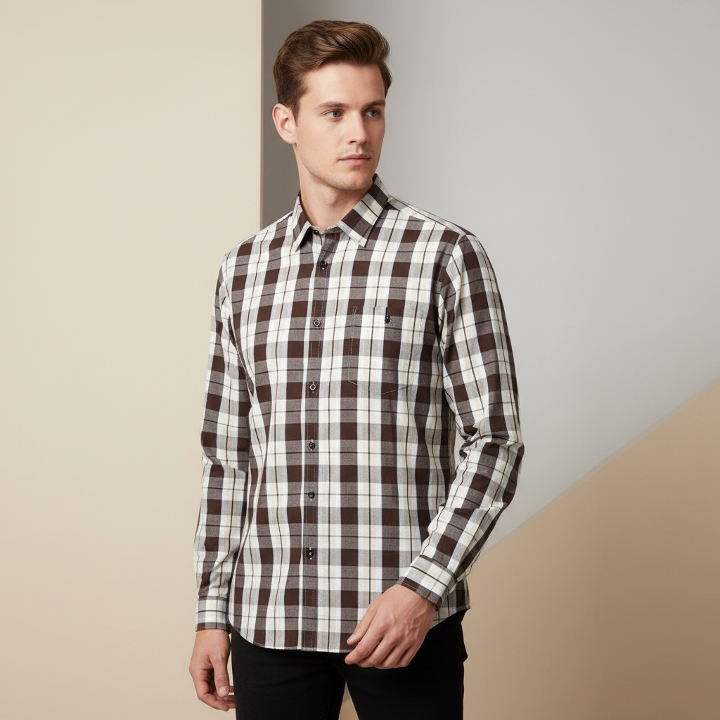 Brown & White Check Button Down Casual Shirt